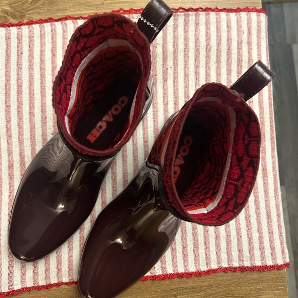 Coach Rivington Rain Boots Women 8 Bitter Chocolate Brown Red Rubber Bootie Logo - Picture 3 of 5
